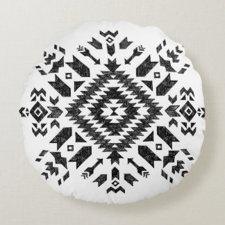 Tribal Design: Black White Hand-Drawn Round Cushion