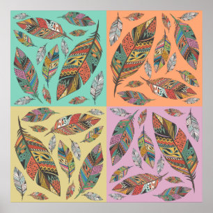 Tribal Design Feathers on Four Colour Squares Poster