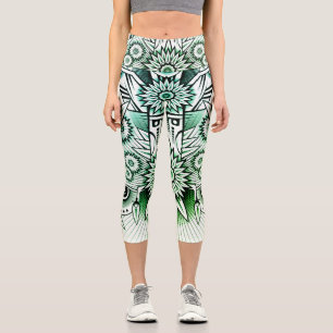 Tribal Design Green Tint Capri Leggings