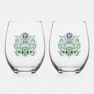 Tribal Design Green Tint Stemless Wine Glass