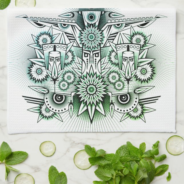 Tribal Design Green Tint Tea Towel (Folded)