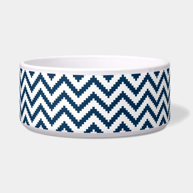 Tribal Dog Bowl, Navy Blue and White Chevron (Front)