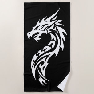 Tribal Dragon Silhouette in Bold Black and White Beach Towel