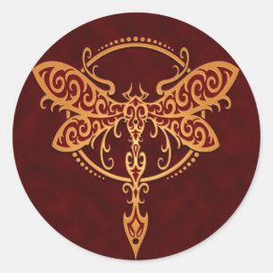 Tribal Dragonfly, Golden Red Classic Round Sticker