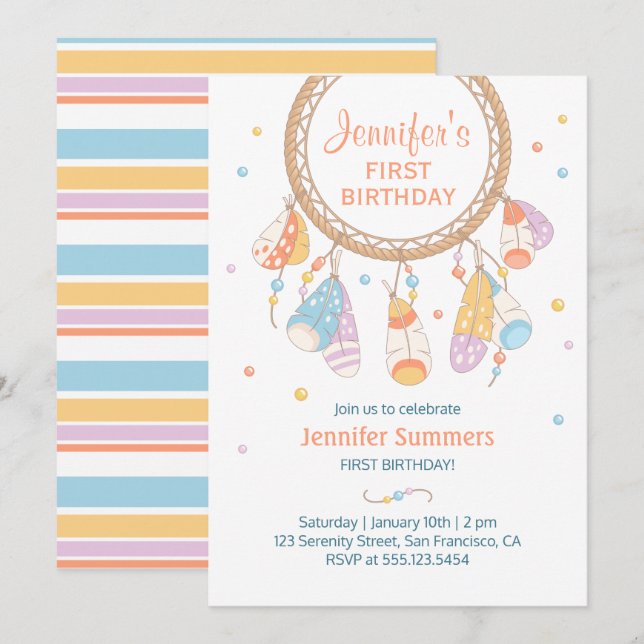 Tribal Dreamcatcher Boho Baby First 1st Birthday Invitation (Front/Back)
