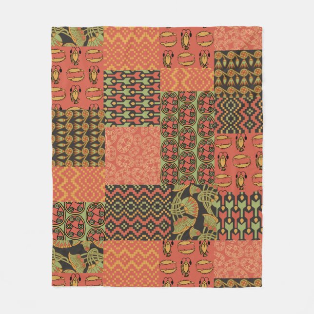 Tribal Egyptian Faux Patchwork Rusty Red Fleece Blanket (Front)