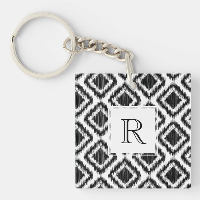 Tribal Elegant Black and White Ikat Pattern Key Ring (Front)