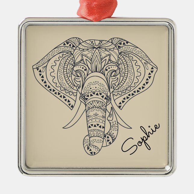 Tribal elephant African animal art personal name Metal Ornament (Front)