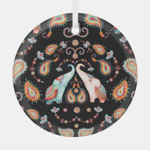 Tribal Elephant: Watercolor Paisley Pattern. Glass Tree Decoration