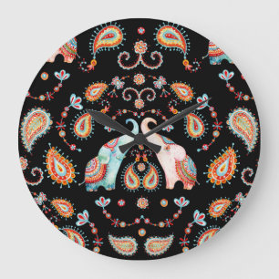 Tribal Elephant: Watercolor Paisley Pattern. Large Clock