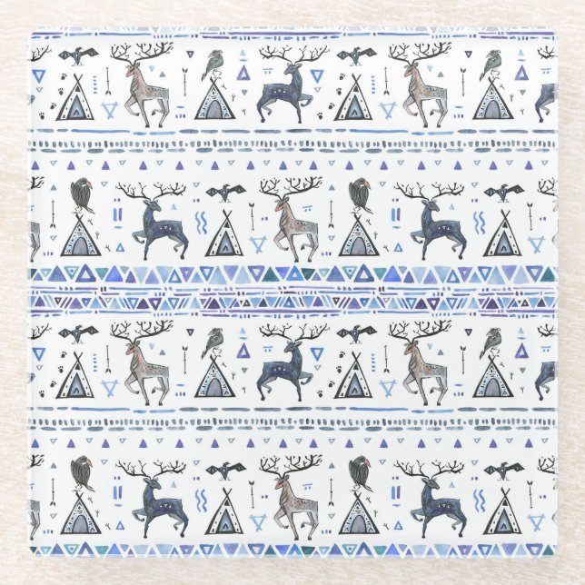 Tribal ethnic, animals dream catcher, seamless. glass coaster (Front)