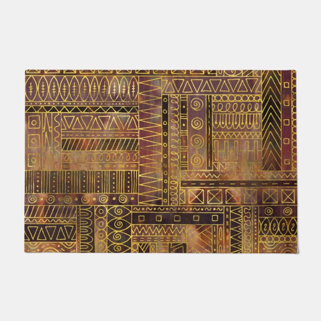 Tribal  Ethnic Boho Pattern gold and brown Doormat (Front)