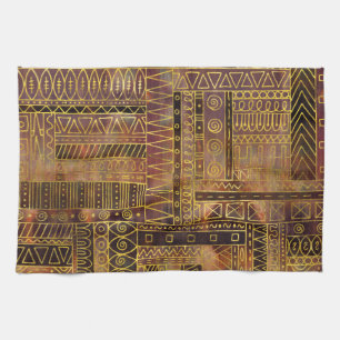 Tribal  Ethnic Boho Pattern gold and brown Tea Towel