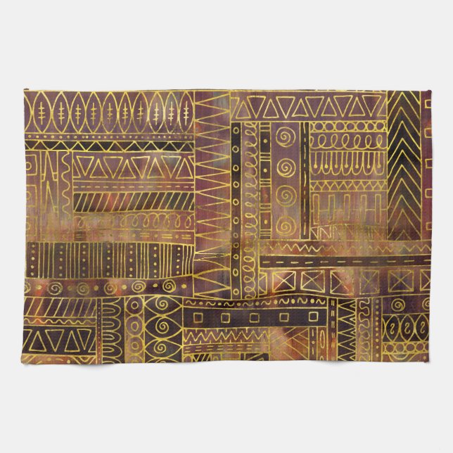 Tribal  Ethnic Boho Pattern gold and brown Tea Towel (Horizontal)