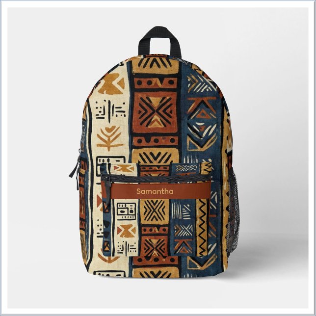 Tribal Ethnic Brown Gold & Green Printed Backpack (Creator Uploaded)