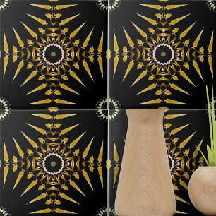 Tribal Ethnic Faux Gold and Black Mosaic Medallion Ceramic Tile