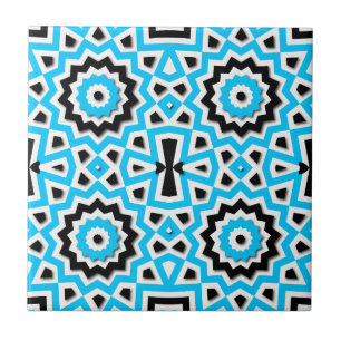 Tribal Ethnic Mosaic Teal Black and White Pattern Ceramic Tile