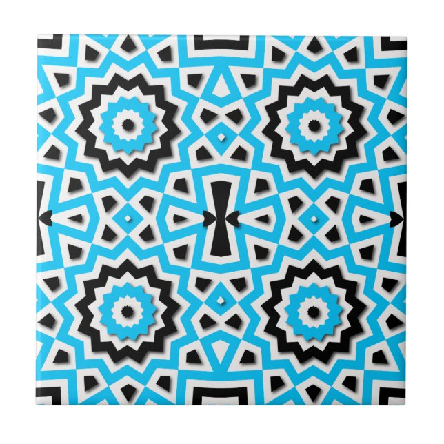 Tribal Ethnic Mosaic Teal Black and White Pattern Ceramic Tile (Front)