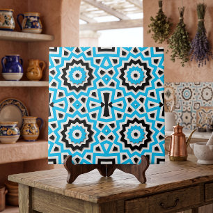 Tribal Ethnic Mosaic Teal Black and White Pattern Ceramic Tile
