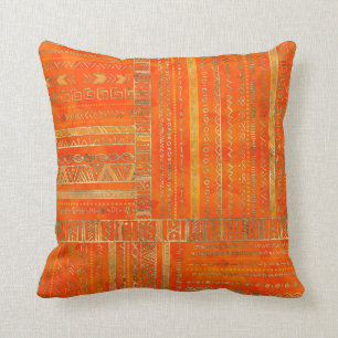 Tribal Ethnic pattern gold on bright orange Cushion