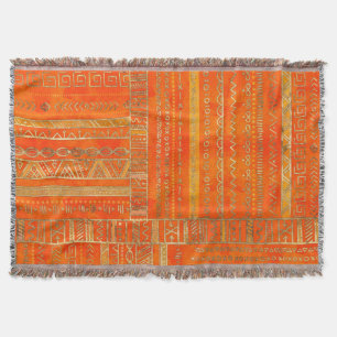 Tribal Ethnic pattern gold on bright orange Throw Blanket