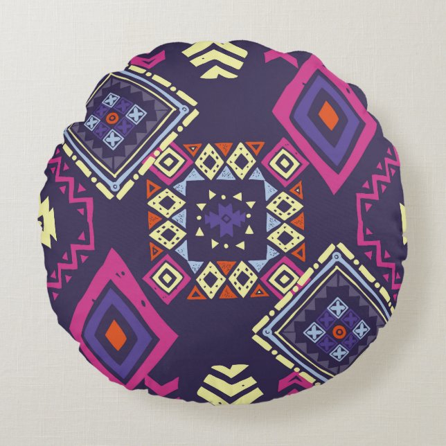 Tribal ethnic, primitive geometric background. round cushion (Front)