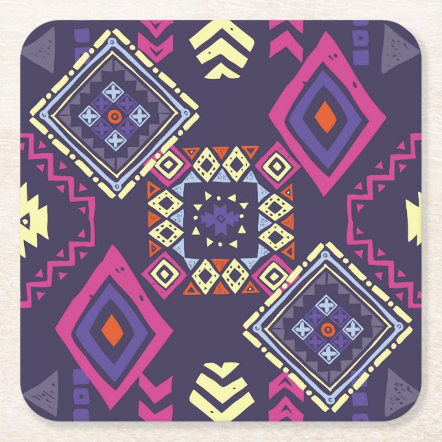 Tribal ethnic, primitive geometric background. square paper coaster (Front)