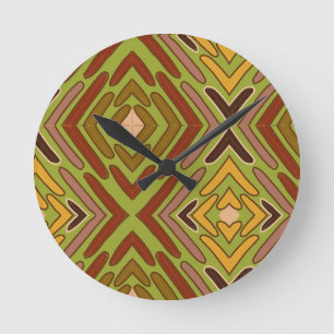 Tribal Ethnic Red Green Gold Pattern Round Clock