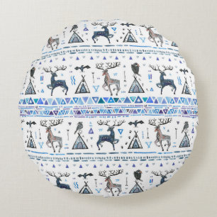 Tribal ethnic seamless pattern with animals and dr round cushion