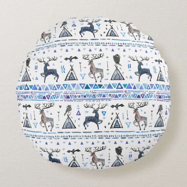Tribal ethnic seamless pattern with animals and dr round cushion (Front)