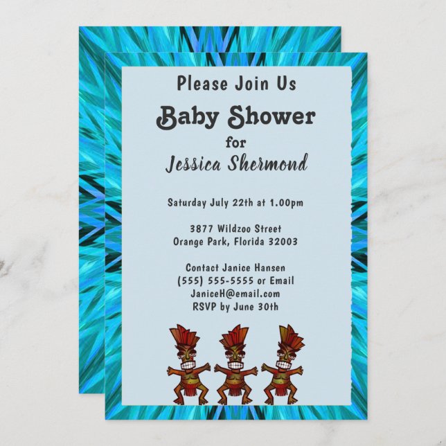 Tribal Fertility Dance Blue Abstract Baby Shower Invitation (Front/Back)