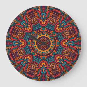 Tribal Festive: Colourful Ethnic Pattern Large Clock