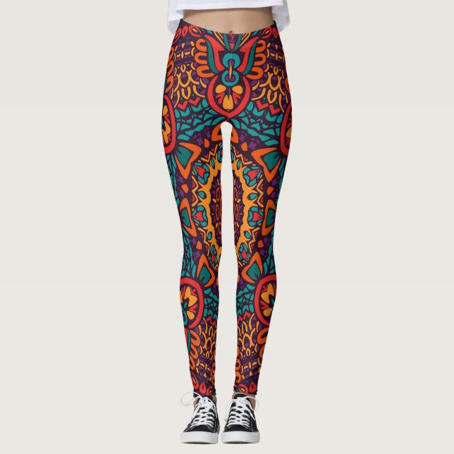 Tribal Festive: Colourful Ethnic Pattern Leggings (Front)