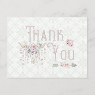 Tribal Floral Bull Horn Arrows Pink Mint Thank You Postcard