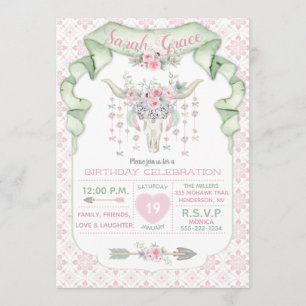 Tribal Floral Bull Horns Arrows Pink Mint Feminine Invitation