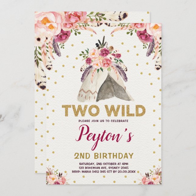 Tribal Floral Teepee TWO WILD Birthday Chic Gold Invitation (Front/Back)