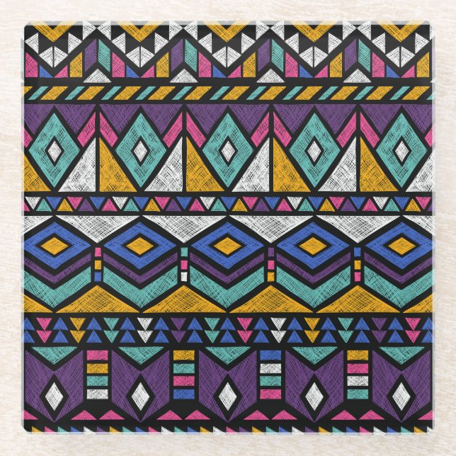 Tribal Geometric Aztec: Colourful Vintage Pattern Glass Coaster (Front)