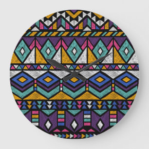 Tribal Geometric Aztec: Colourful Vintage Pattern Large Clock