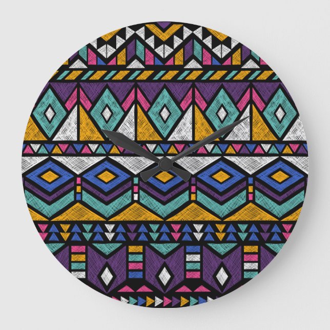 Tribal Geometric Aztec: Colourful Vintage Pattern Large Clock (Front)