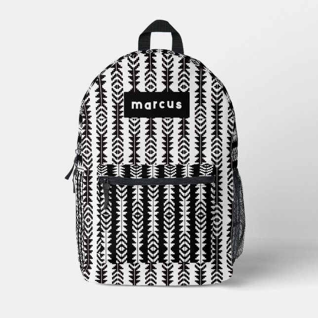 Tribal geometric black and white w/ name printed backpack (Front)