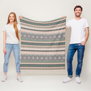 Tribal Geometric Mudcloth Stripe Boho Green Beige Fleece Blanket