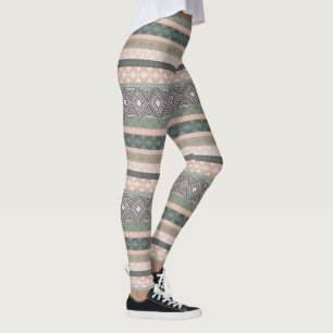 Tribal Geometric Mudcloth Stripe Boho Green Beige Leggings
