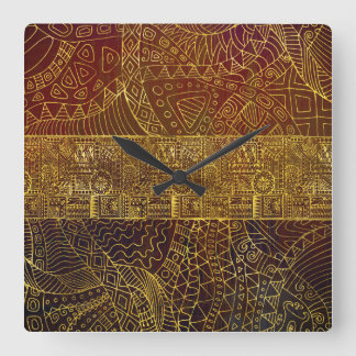 Tribal  Gold Pattern on Brown Paint Square Wall Clock