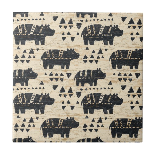 Tribal Hippo Safari Pattern Ceramic Tile (Front)