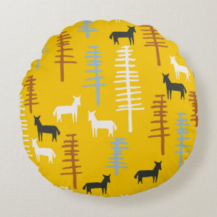 Tribal Horses: Forest Retro Seamless Round Cushion