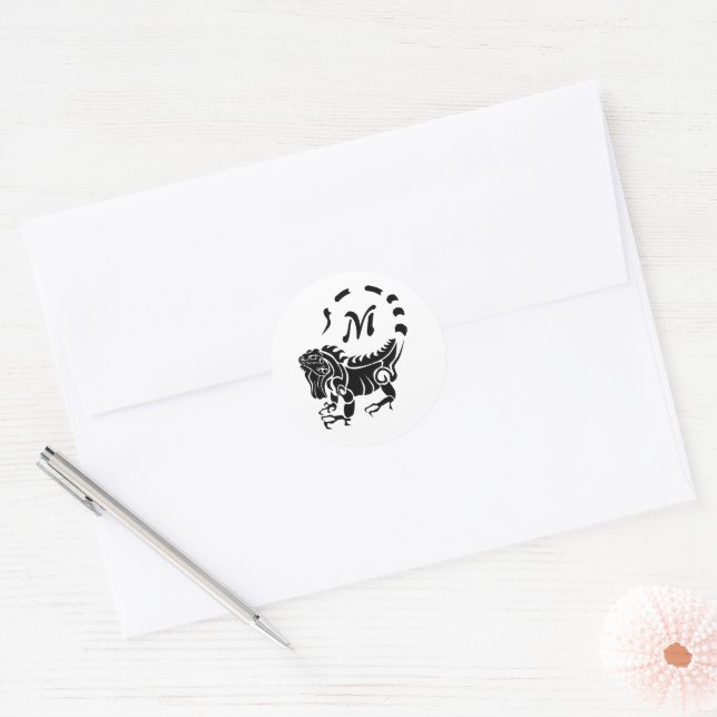 Tribal Iguana Monogram Classic Round Sticker (Envelope)