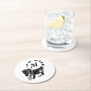 Tribal Iguana Monogram Round Paper Coaster