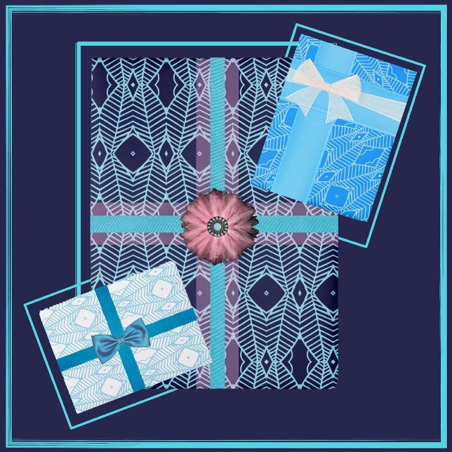 Tribal-inspired geometric pattern in blue & white wrapping paper sheet (Creator Uploaded)