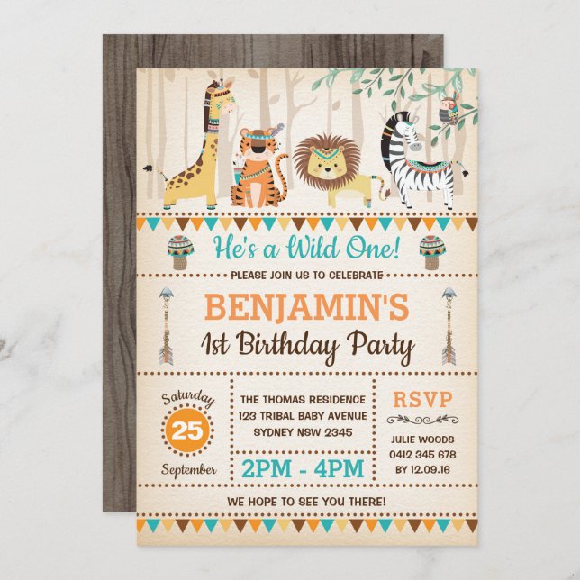 Tribal Jungle Animals Rustic Wild One 1st Birthday Invitation (Front/Back)