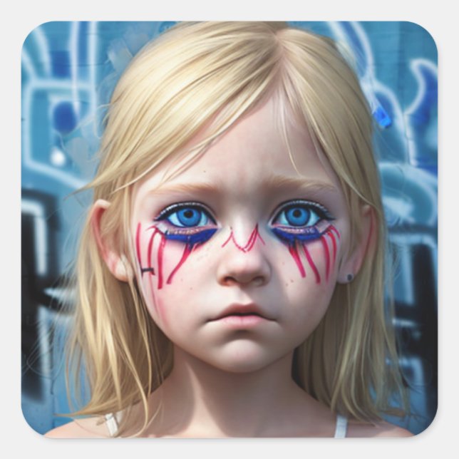 Tribal Kids | Futuristic Blonde Girl Big Blue Eyes Square Sticker (Front)